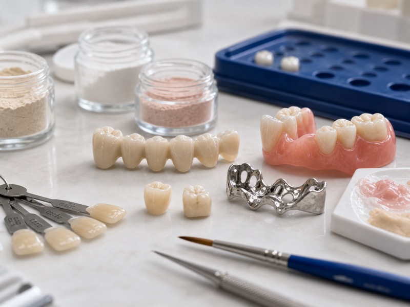 Dental ceramics, acrylic resin, metal framework, and shade materials on a lab bench