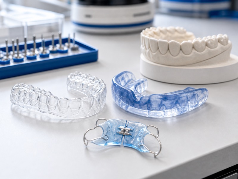 Clear retainers, a mouthguard, and orthodontic appliances on dental models
