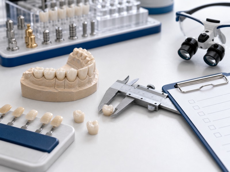 Finished crowns and dental models inspected with calipers and shade tabs